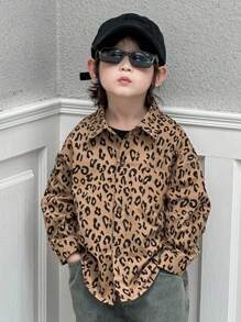 Dazy Kids 秋季幼儿男童休闲宽松豹纹领衬衫 - 卡其色 - 查看 4