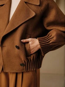 SHEIN X Jwoww Anewsta Women's Autumn/Winter Brown Short Fitted Elegant Hem & Cuff Striped Double-Breasted Lapel Double-Faced Wool Coat - Khaki - View 3