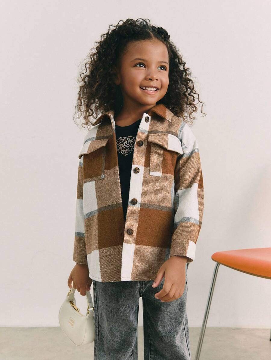 Maija Kids Maija Kids 少女格纹面料宽松翻领毛呢大衣 - 杏色 - 查看 1