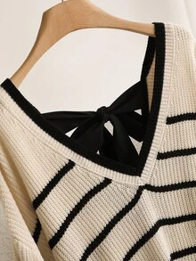 CosyJoli 大码女式 V 领长袖条纹，日常穿着蝴蝶结背部设计，休闲时尚条纹针织上衣系带毛衣秋冬 V 领针织上衣套头毛衣女式条纹毛衣秋季