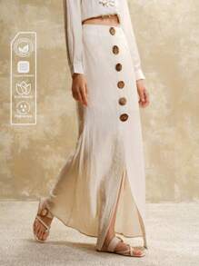 Arave Women's Linen Fabric Faux Placket Coconut Button Linen Fishtail Skirt Women's Brunch Outfits Old Money Style Women Vacation Outfits Woman