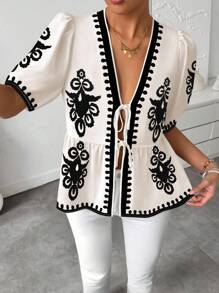 Breezaya Blouse femme à manches en forme de lanterne avec nœud papillon et imprimé tout-sur-tout