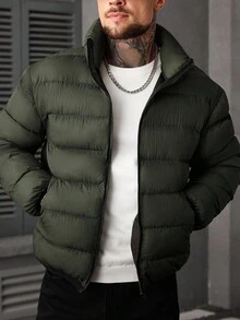 Manfinity CasualCool 休闲时尚百搭拉链长袖保暖男士冬季外套男式男士冬季男士外套男士夹克男式羽绒服，秋季 - 綠色 - 查看 5