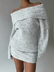 Aloruh 灰色露肩高领长袖迷你毛衣裙，上衣宽松下装紧身，适合年轻女士，秋冬 - 灰色 - 查看 7