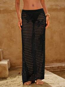 Swim Chiccia Women's Casual 3D Crochet Floral Decor Hollow Mesh Cover-Up Skirt, Elegant High Slit Thigh-Length Beach Dress For Spring/Summer, Suitable For Swimming, Vacation