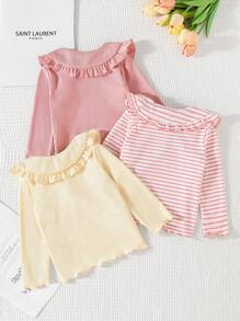 SHEIN 3pcs Baby Girls Elegant Peter Pan Collar Striped Long Sleeve T-Shirt, Cute & Fashionable For Home, Outdoor, Vacation, All Seasons Fall Winter - Multicolor - View 2