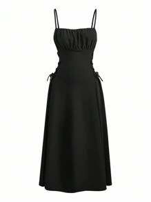 少女黑色褶皱胸围系带侧开衩连衣裙，优雅长款正式吊带背心连衣裙，秋季服装 - 黑色 - 查看 6