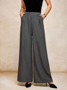 House of One Charcoal Grey Pleated High-Waisted Straight Leg Long Pants Women Casual Office Old Money Fall Clothes Fall Outfits Business Professional Women Business Casual Woman