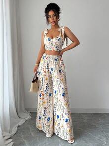 SHEIN PETITE Set de 2 piezas con diseño de tirantes finos y espalda descubierta + pantalones de pierna ancha y cintura alta para mujer - Albaricoque - Ver 4