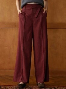 Écloséra Elegant Loose Straight Pleated Solid Color Pants, Spring/Summer Fall Cloth For Women - Red - View 3