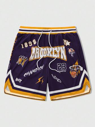 Street Life Men's Drawstring Contrast Color Letter Pattern Casual Loose Shorts