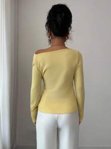 Elenzga Knitted Asymmetric Neck Cinched Waist Women T-Shirt, Minimalist Elegant Tie-Up Women Top Fall Cloth For Women