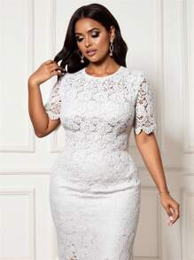 DAZY 大码女式纯色圆领短袖蕾丝后开衩中长连衣裙，优雅春夏季 - 白色 - 查看 4