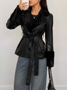 SHEIN PETITE Women's Fashion Versatile Faux Fur Patchwork Regular Jacket Black Leather Jacket Women Belted Leather Jacket In Fall/Winter
