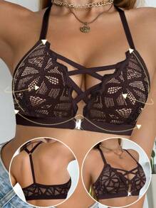 SHEIN 1 pieza Sujetador inalámbrico con cierre delantero de encaje para mujer - Café integral - Ver 6