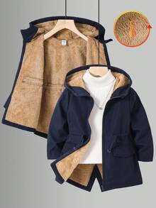 男童休闲日常百搭舒适保暖连帽加厚纯色梭织外套，适合上学、花园、海滩、生日、春、夏、秋、冬等各种场合。