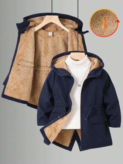 SHEIN Kids/Young Boy Casual Everyday Versatile Comfortable Fleece Lined Hooded Thick Woven Solid Color Jacket, Suitable For School, Garden, Beach, Birthday, Spring, Summer, Fall, Winter