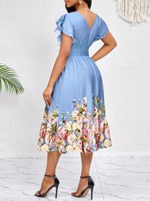 SHEIN Lady 女装优雅度假休闲通勤浪漫碎花下摆定位印花荷叶袖V领收腰A字荷叶边下摆中长连衣裙春夏秋季装 - 彩色 - 查看 2