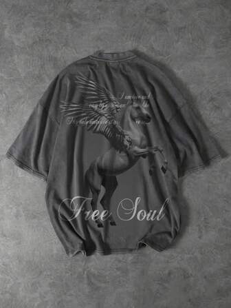 Street Life T-shirt à imprimé slogan avec logo cheval de marque mode décontractée pour hommes
