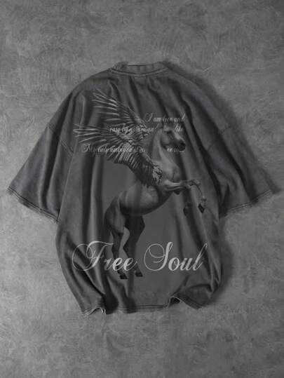 ROMWE MEN Street Life Men's Casual Fashion Brand Horse Logo Slogan Print T-Shirt