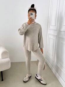 Tween Girls Ribbed Knit Hoodie Top And Leggings 2 Pieces Set, Casual Everyday Comfortable Soft Thick Outfit, Autumn/Winter - Khaki - View 4