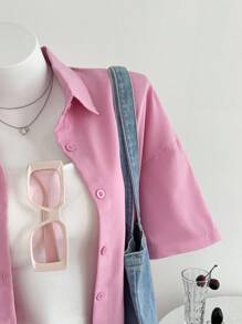 Elamini 2pcs/Set Women's Solid Button Front Short Sleeve Casual Top And Shorts - Pink - View 4