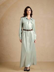 Briarwyn Sage Green Elegant Office Long Sleeve Maxi Shirt Dress,Autumn Fall Clothes For Women,Solid Color Extra Long Fashionable Commute Old Money Outfits - Green - View 4