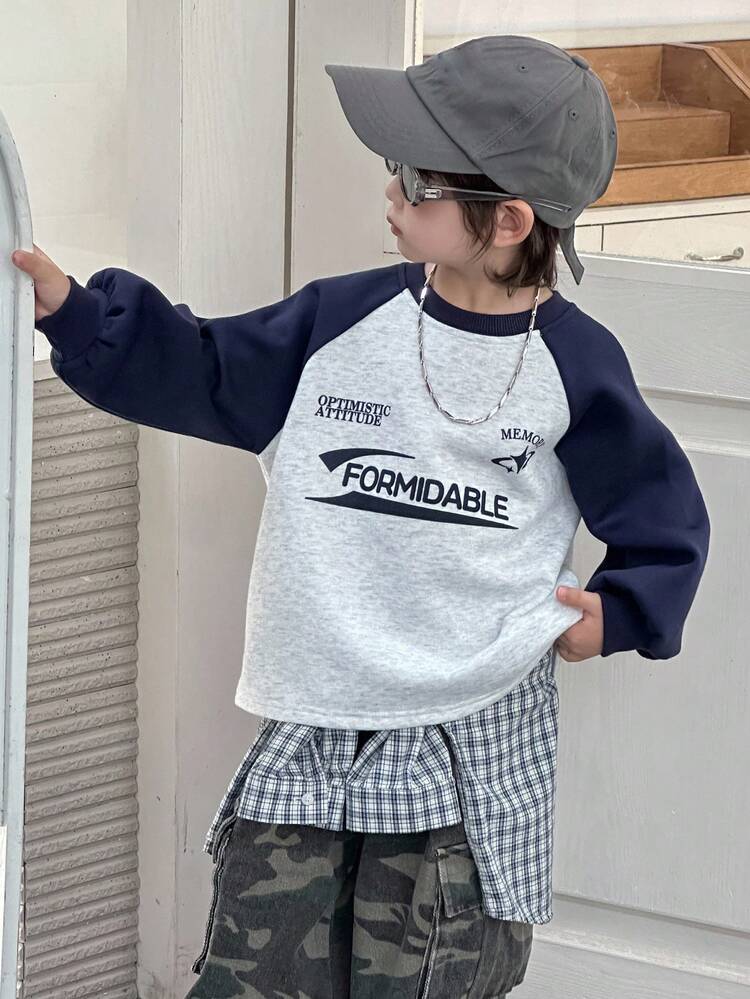 Young Boys Loose Fit Pullover Sweatshirt, Colorblock Patchwork Raglan Sleeve Letter Print, Thermal Lined, Casual Autumn