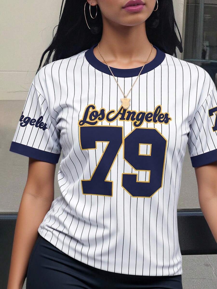 INAWLY Áo phông Los Angeles 79 Graphic dành cho nữ - Áo thun tay ngắn mềm mại, thoáng khí và có thể giặt bằng máy, hoàn hảo cho trang phục thường ngày mùa xuân và mùa hè, có sẵn các kích cỡ từ XS đến XL, Áo phông nữ - Màu xanh lam - Xem 1