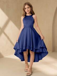 SHEIN Váy satin viền bất đối xứng cho bé gái, váy dạ hội cổ yếm cao cấp cho đám cưới, dạ hội, tiệc sinh nhật - Màu xanh lam - Xem 7