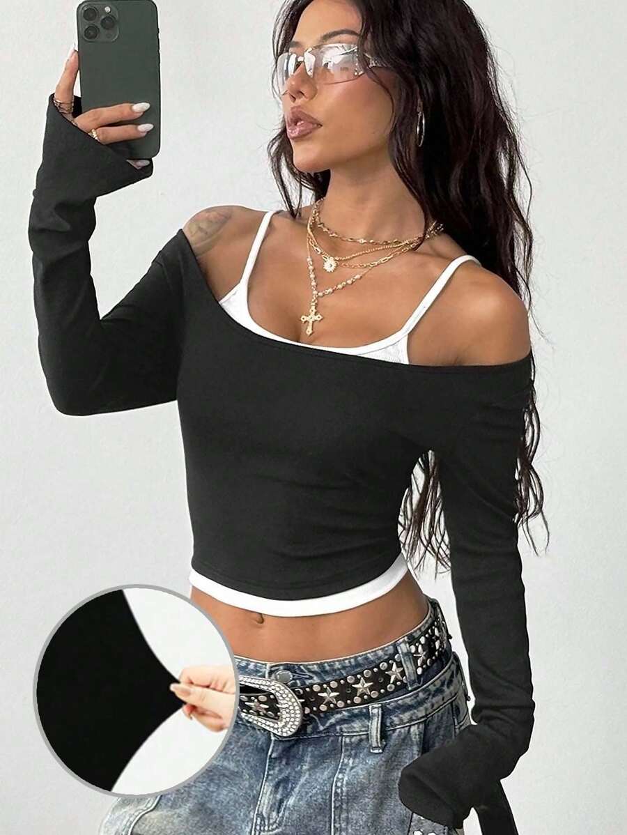 Coolane Women's Fall Y2K Concert Rave Going Out Black Slim Fit 2 In 1 Long Sleeve Top - Black - View 1