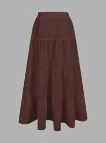 SHEIN EZwear 女士休闲度假多层蛋糕裙，适合夏季 - 棕色 - 查看 2