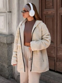 EURMUSE 前拉链开合、大衣领和黑色拉链口袋的夏尔巴羊毛夹克，舒适时尚的外套，波西米亚风系列 - 米色 - 查看 1