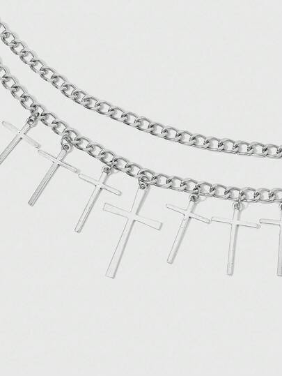 1pc Women's Silver Cross Decor Double Layer Chain Belt, Gothic Style Casual Dress Accessory For Everyday Wear, Suitable For Halloween