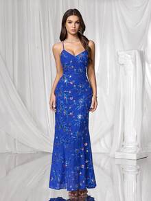 Coutiva 女士优雅亮片花卉刺绣露背鱼尾下摆正式晚礼服 - 寶藍色 - 查看 7