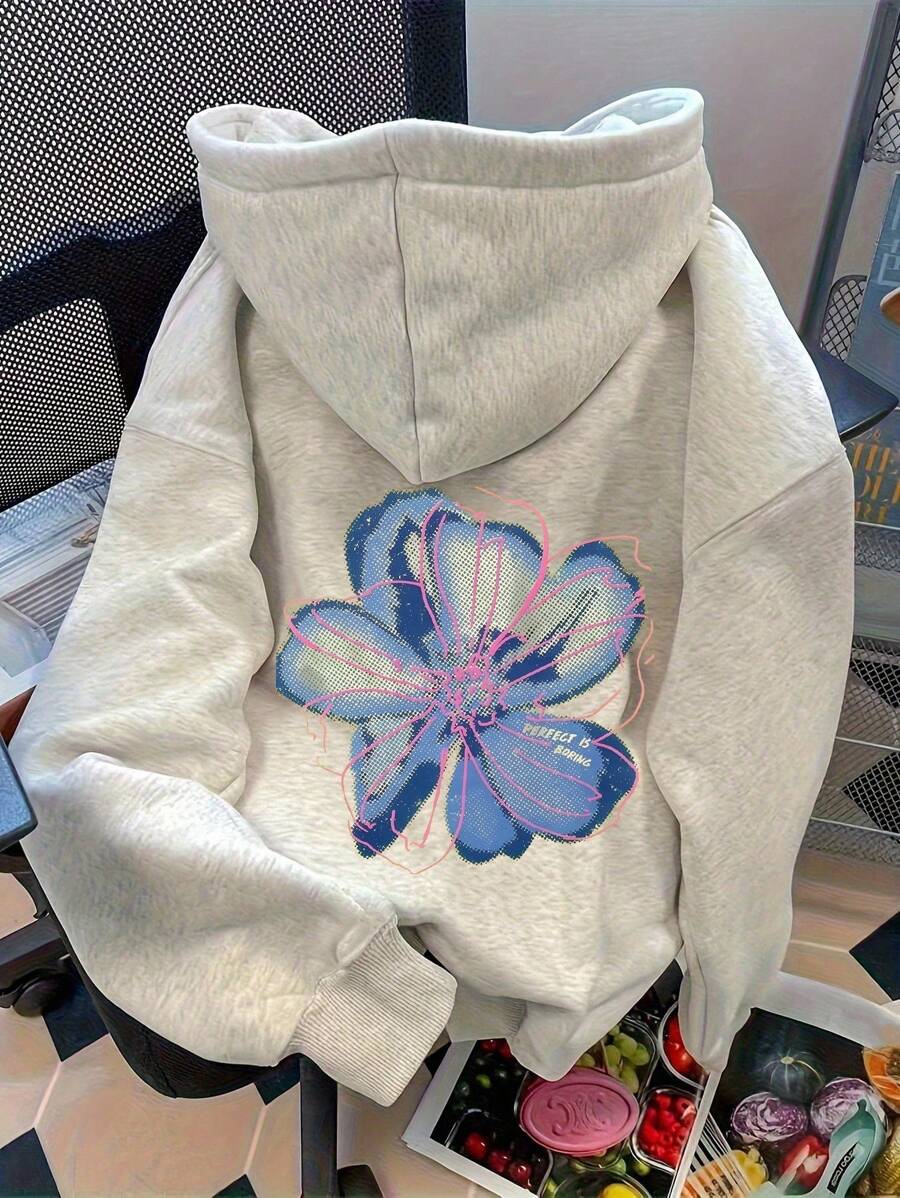 SHEIN 女士花卉印花落肩连帽衫 - 淺灰色 - 查看 1