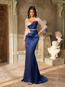Aureia Váy dạ hội trang trọng thanh lịch, sang trọng, thêu sequin xanh lam, chắp vá, satin thủ công, chuỗi đá giả 3D, cổ tim, tay dài, voan xếp nếp gợi cảm, xẻ tà gợi cảm dành cho nữ - Màu xanh hải quân - Xem 8