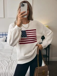 Louniche Usa Flag Design Drop Shoulder Sweater,Long Sleeve Tops - White - View 2