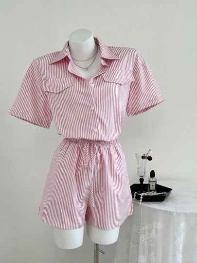 SHEIN Unity 女式条纹收腰短袖衬衫连体裤，带口袋，夏季