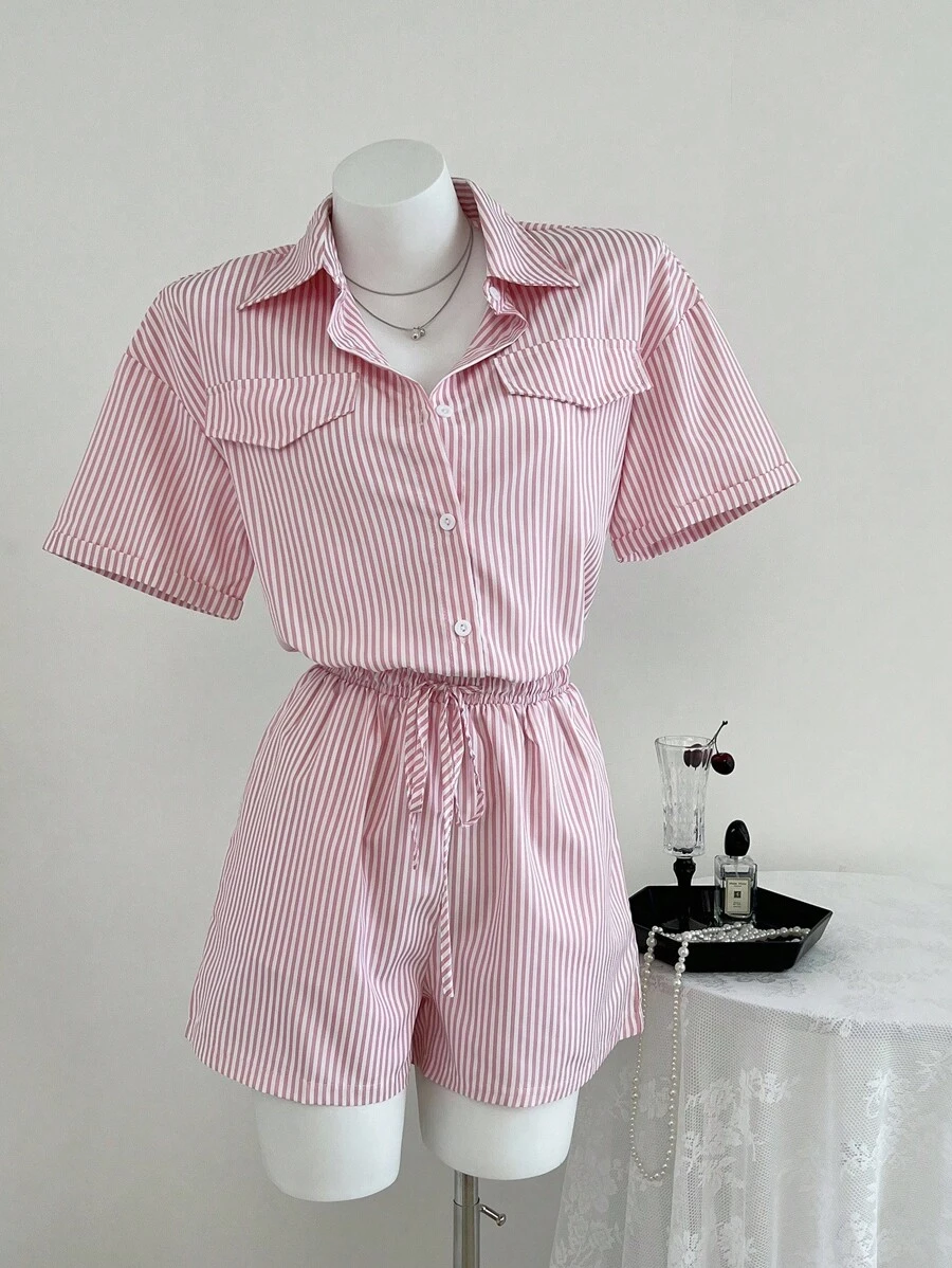SHEIN Unity 女式条纹收腰短袖衬衫连体裤，带口袋，夏季 - 粉色 - 查看 1