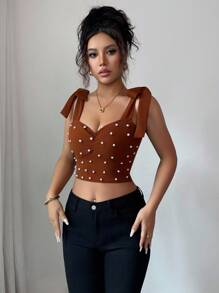 Elenzga Cute Sleeveless Tie-Up Camisole Top For Women, Elegant Romantic Pearls Decor Cropped Vest, Suitable For Music Festival, Halloween