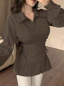 Modelyn Blusa de mujer de unicolor con cuello de camisa de un solo pecho, cordón ajustable y diseño de moda - Marrón - Ver 5