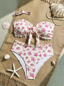 Swim Mod 2pcs Women's Sweet Ditsy Floral Bikini Set, Strapless Design, Textured Fabric, Pink Tone, Frill Trim & Bowknot, Removable Straps, Summer Beach - Multicolor - View 5