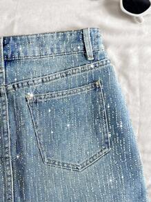 Comfortcana Váy ngắn denim đính đá lấp lánh thời trang dành cho nữ, mùa hè - Rửa tối - Xem 5