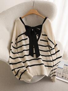 CosyJoli 大码女式 V 领长袖条纹，日常穿着蝴蝶结背部设计，休闲时尚条纹针织上衣系带毛衣秋冬 V 领针织上衣套头毛衣女式条纹毛衣秋季