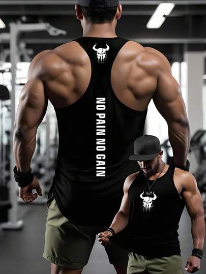 Manfinity Sport PWRUP 男士黑色无袖运动背心，印有励志字母，圆领，常规长度，运动背心，肌肉背心，健身上衣，男士健身背心