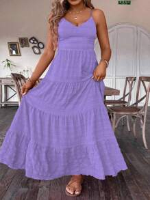 SHEIN Clasi 大码女式夏季纯色露背系带连衣裙超长款女装 - 紫色 - 查看 3