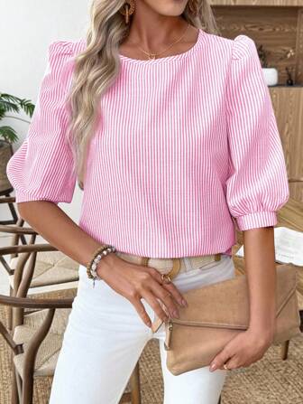 EMERY ROSE Blouse décontractée à manches bouffantes et col rond rayée pour femmes, été