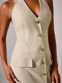 COSMINA Women's Elegant V-Neck Metal Buckle Mini Dress Beige Dress For Women Khaki Dress Neutral Dresses For Women - Khaki - View 7