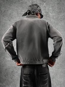SUMWON Distressed Grey Denim Trucker Jacket Ripped Design Street Fashion Casual Outerwear Winter Fall Vintage Modern Urban Design - Grey - View 3